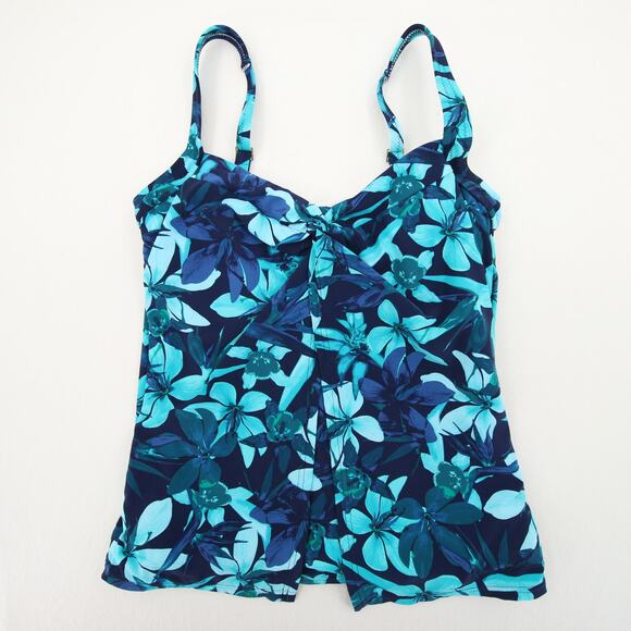 Lands End Tankini Top Blue Teal Green Floral Flyaway Tummy Control Underwire 6 - Picture 1 of 11